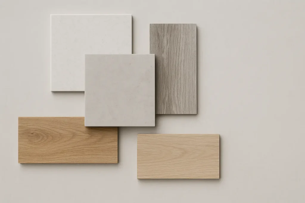 Små stykker gulvprøver til valget af gulv i et køkken-alrum